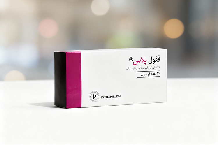 تصویر بسته‌ بندی کپسول ففول پلاس با جزئیات ترکیبات